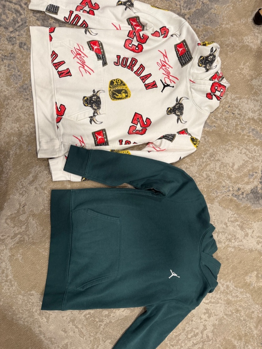 Jordan White All-Over Graphic Hoodie & Dark Green Jumpman Pullover